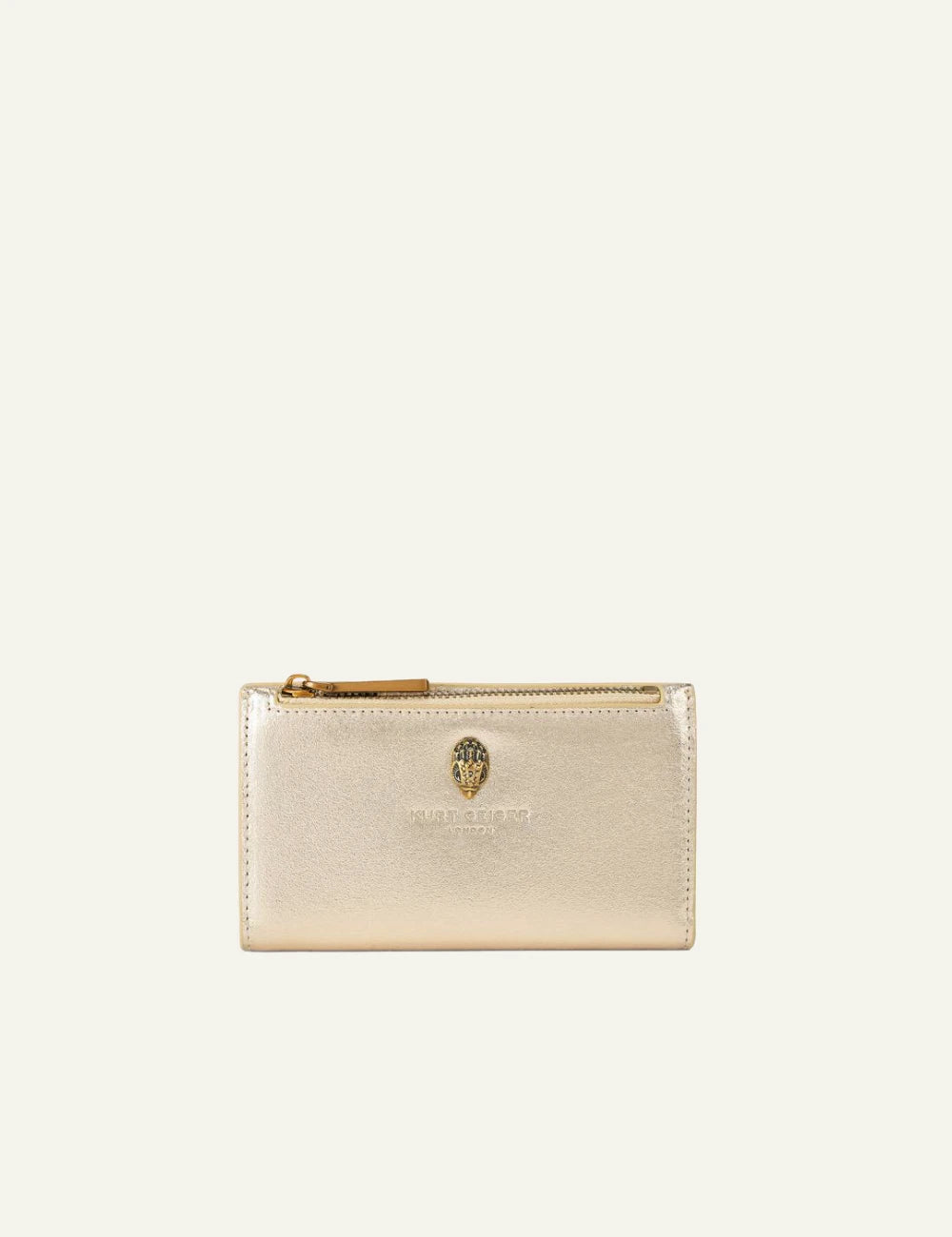 Kurt Geiger shoreditch bifold wallet gold metallic leather eagle logo front