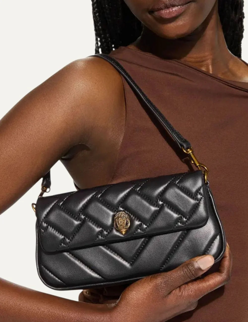 Kurt Geiger shoulder bag black quilted leather eagle detail front model