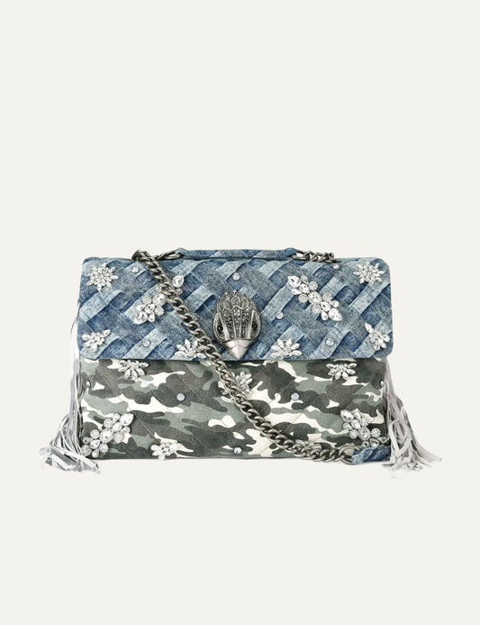Kurt Geiger shoulder bag denim camo crystal embellished eagle detail front