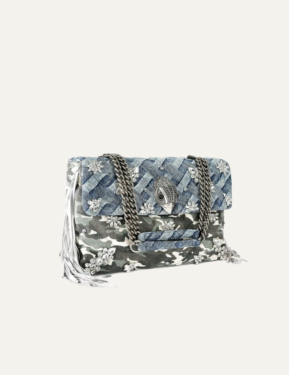 Kurt Geiger shoulder bag denim camo crystal embellished eagle detail side