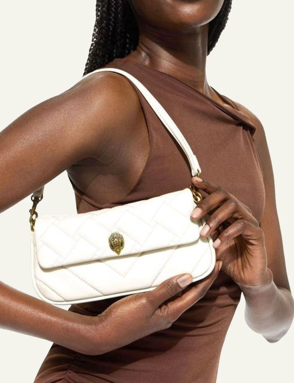 Kurt Geiger shoulder bag off white quilted leather eagle detail front model