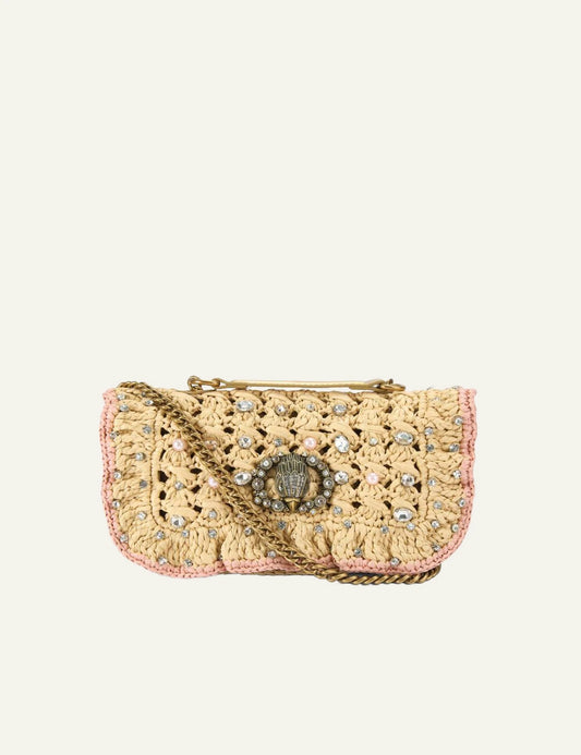 Kurt Geiger shoulder bag raffia beige crystal embellished eagle detail front