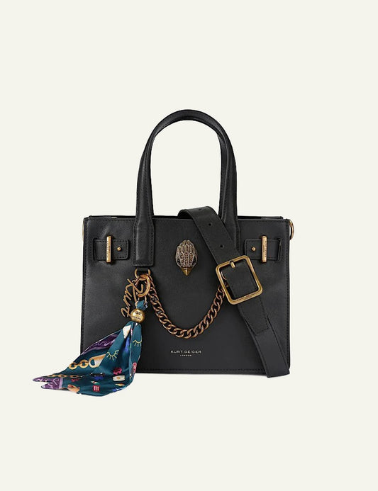 Black leather Kurt Geiger Sloane Small Tote bag with detachable shoulder strap, eagle head detail and decorative scarf