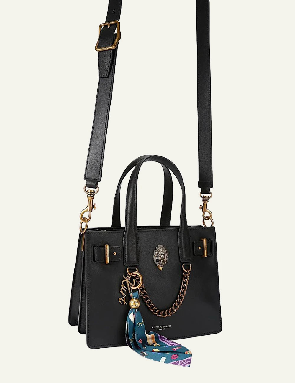 Black leather Kurt Geiger Sloane Small Tote bag with detachable shoulder strap, eagle head detail and decorative scarf side