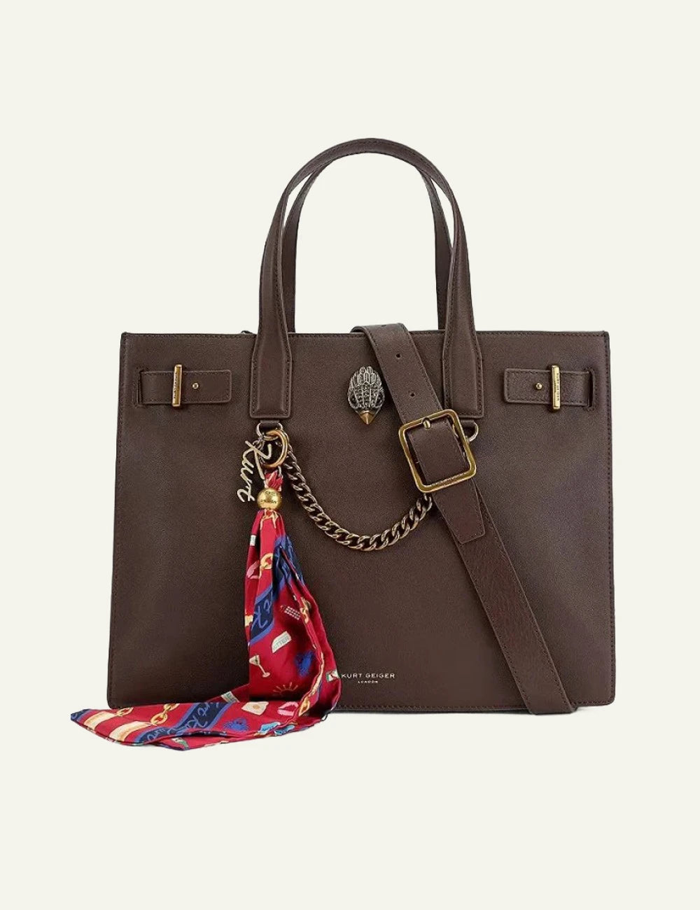 Brown leather Kurt Geiger Sloane Tote bag with detachable shoulder strap, eagle head detail and decorative scarf