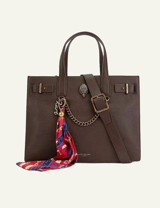 Brown leather Kurt Geiger Sloane Tote bag with detachable shoulder strap, eagle head detail and decorative scarf