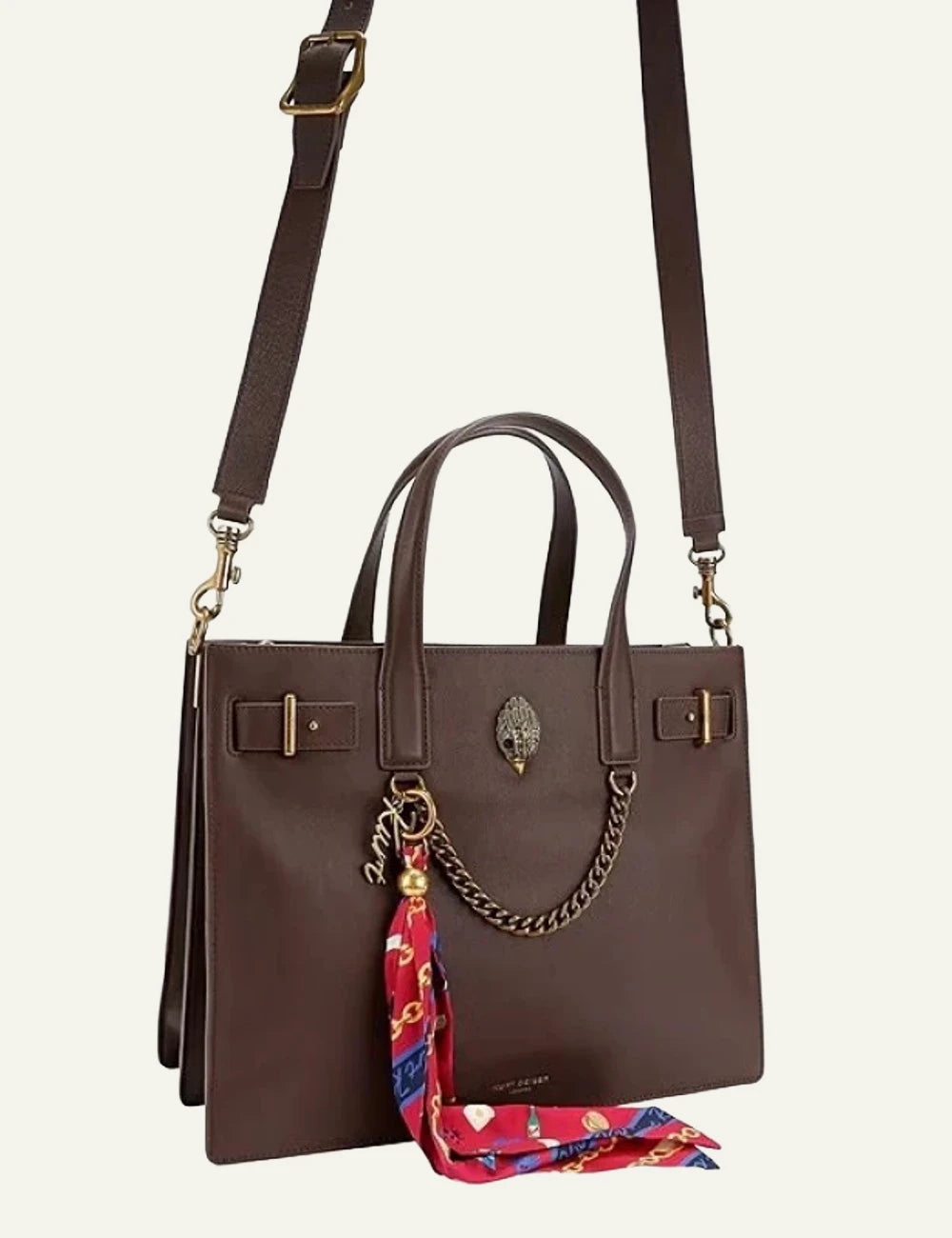 Brown leather Kurt Geiger Sloane Tote bag with detachable shoulder strap, eagle head detail and decorative scarf side
