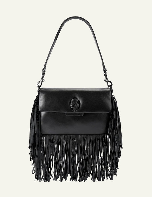 Black leather Kurt Geiger Small Oxford Fringe shoulder bag with black eagle head detail and leather fringe 