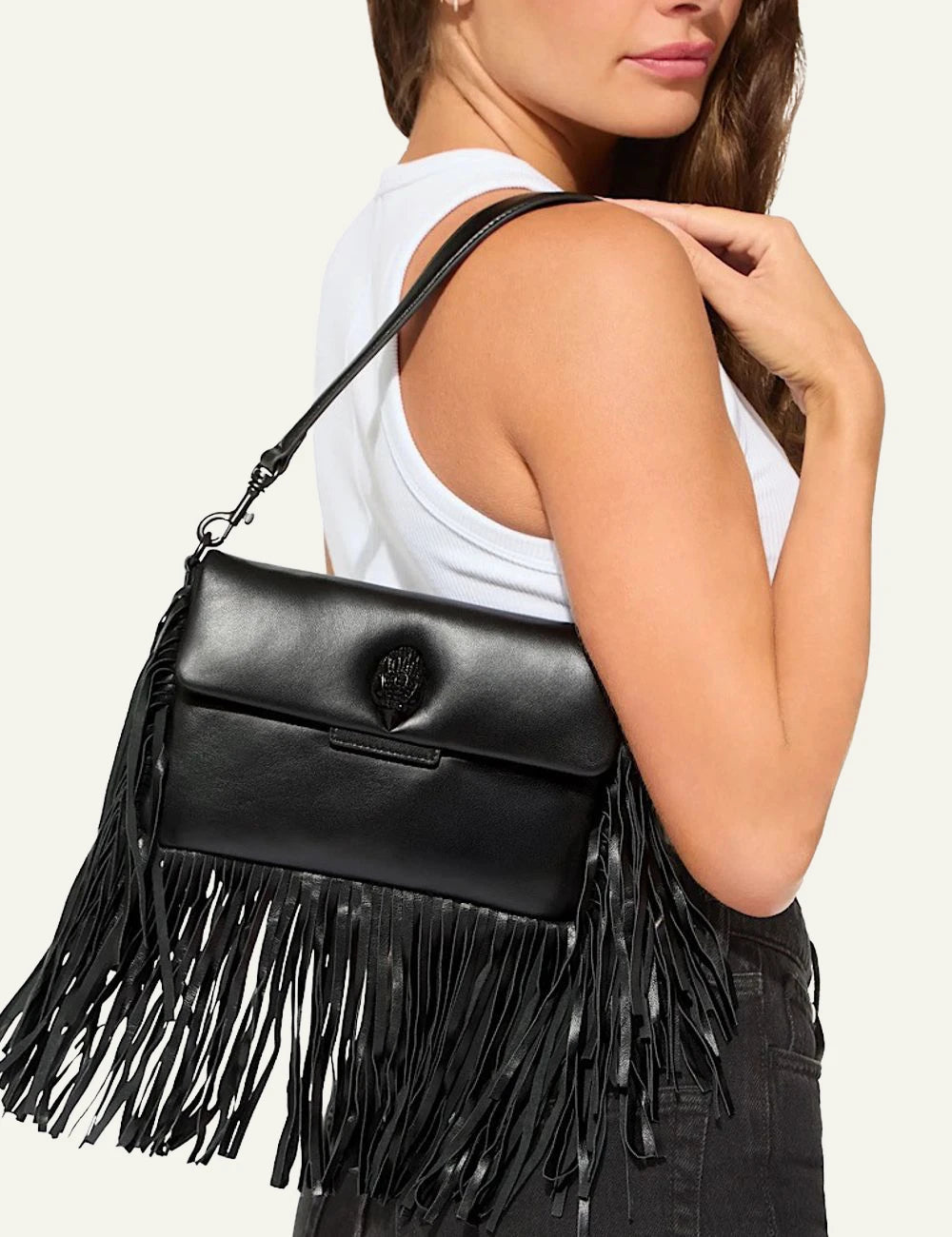Black leather Kurt Geiger Small Oxford Fringe shoulder bag with black eagle head detail and leather fringe model