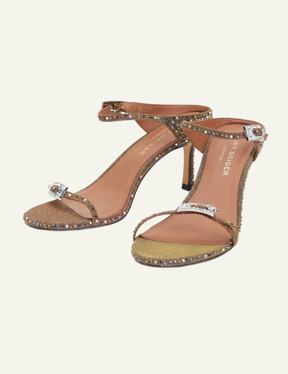 Kurt Geiger strass double buckle sandals gold crystals open toe ankle strap angled view