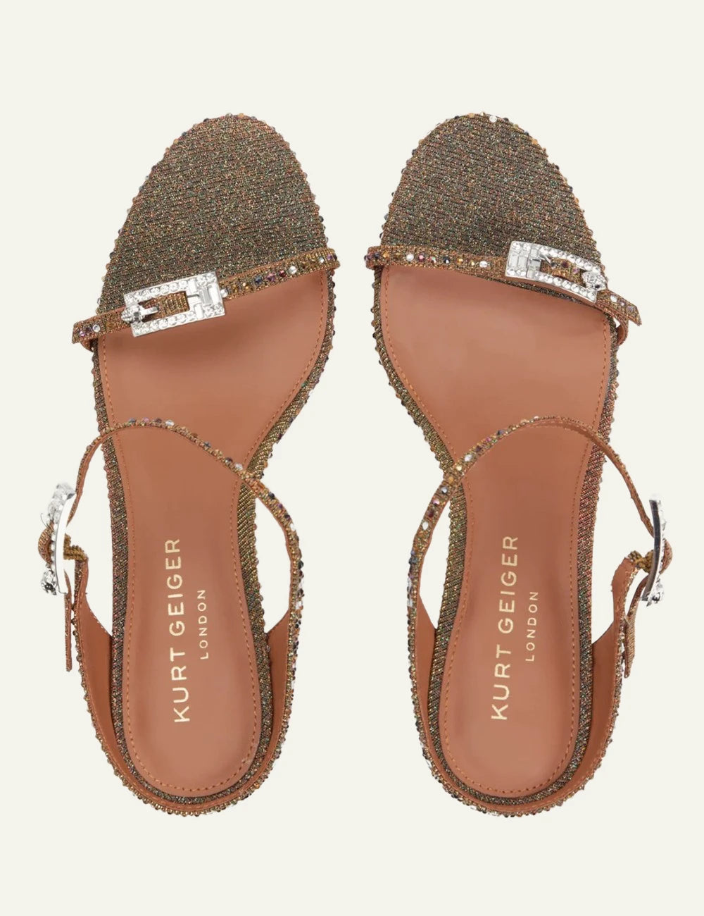 Kurt Geiger strass double buckle sandals gold crystals open toe ankle strap top view