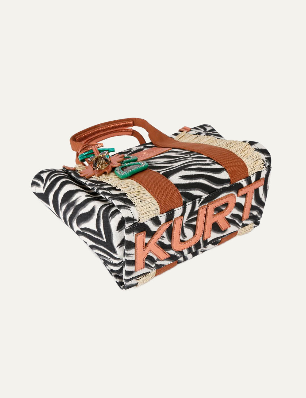 Kurt Geiger small southbank tote zebra canvas logo strap charm detail 