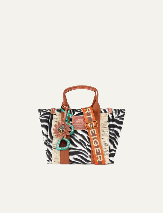 Kurt Geiger small southbank tote zebra canvas logo strap charm detail front