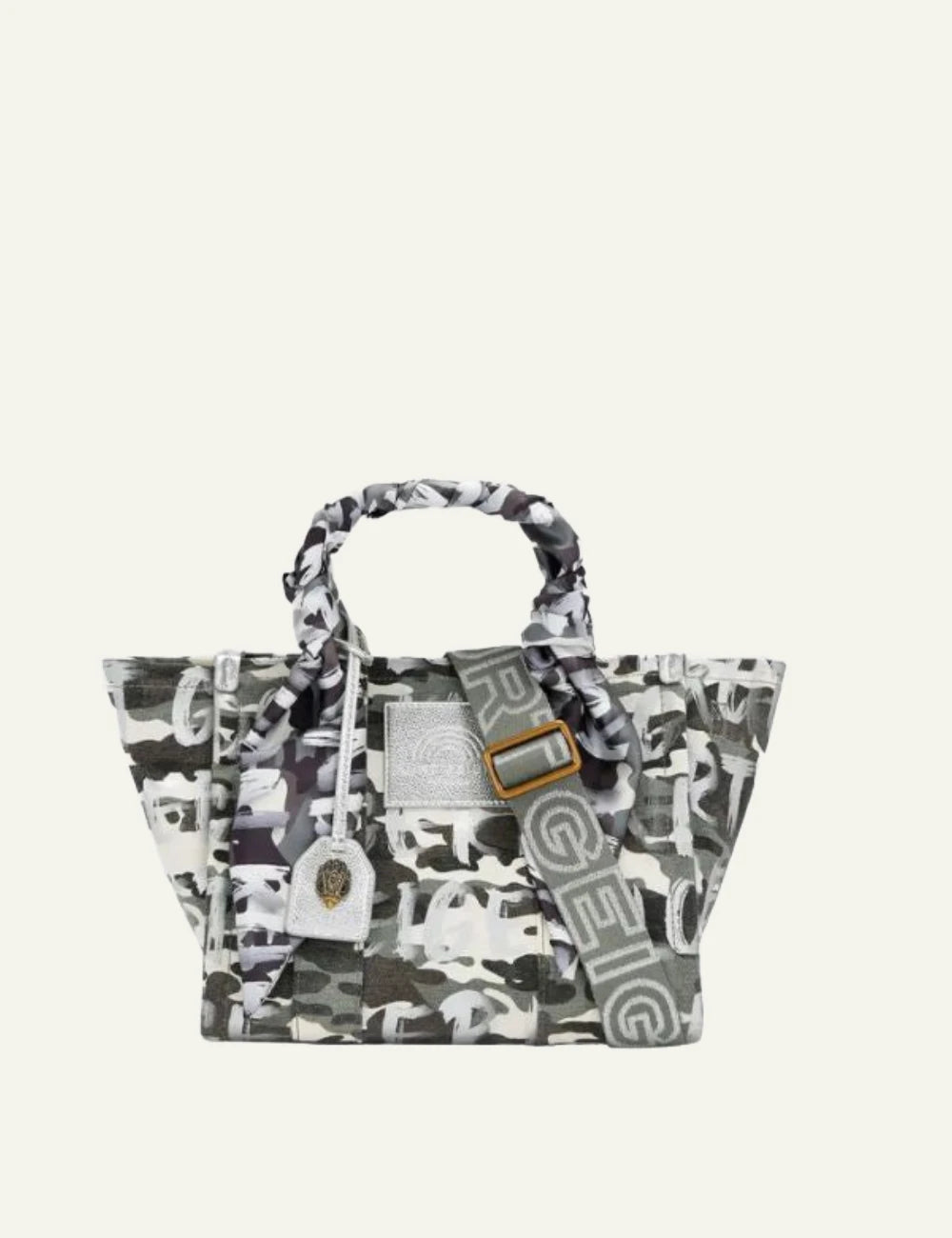Kurt Geiger tote bag camo logo print canvas scarf handle detail front