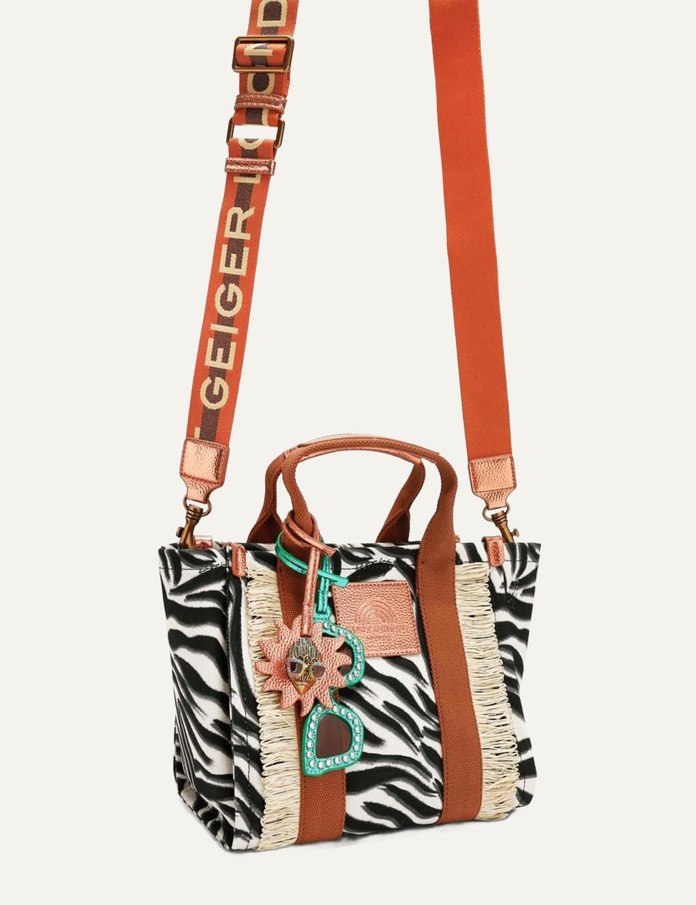 Kurt Geiger small southbank tote zebra canvas logo strap charm detail side