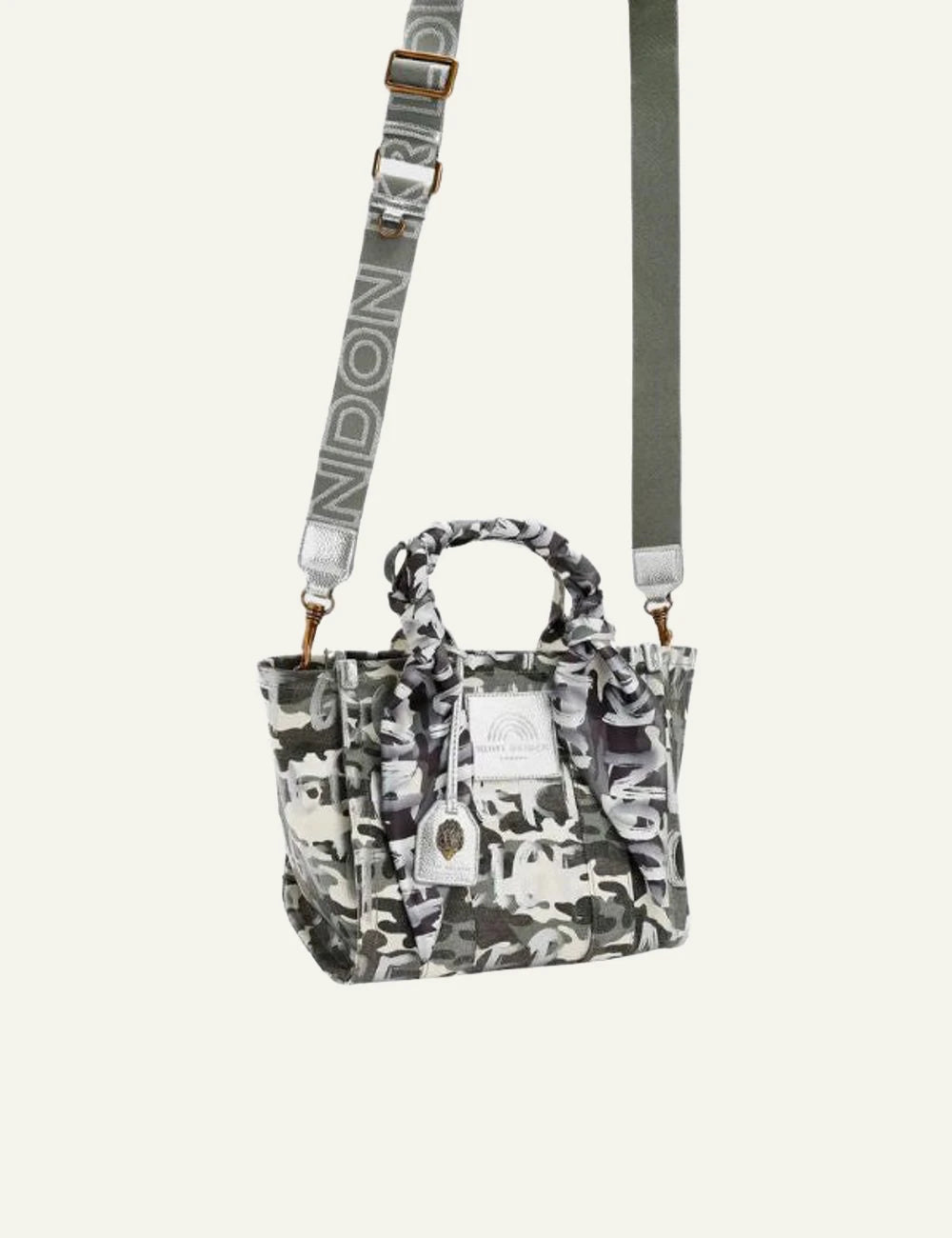 Kurt Geiger tote bag camo logo print canvas scarf handle detail side