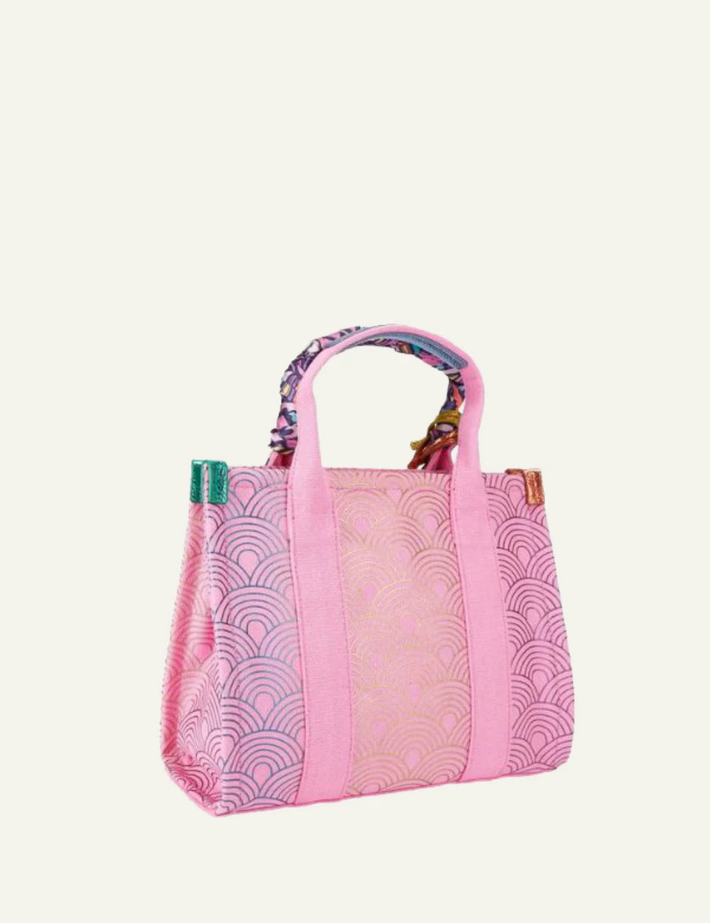 Kurt Geiger tote bag pink canvas pattern scarf handle charm detail back