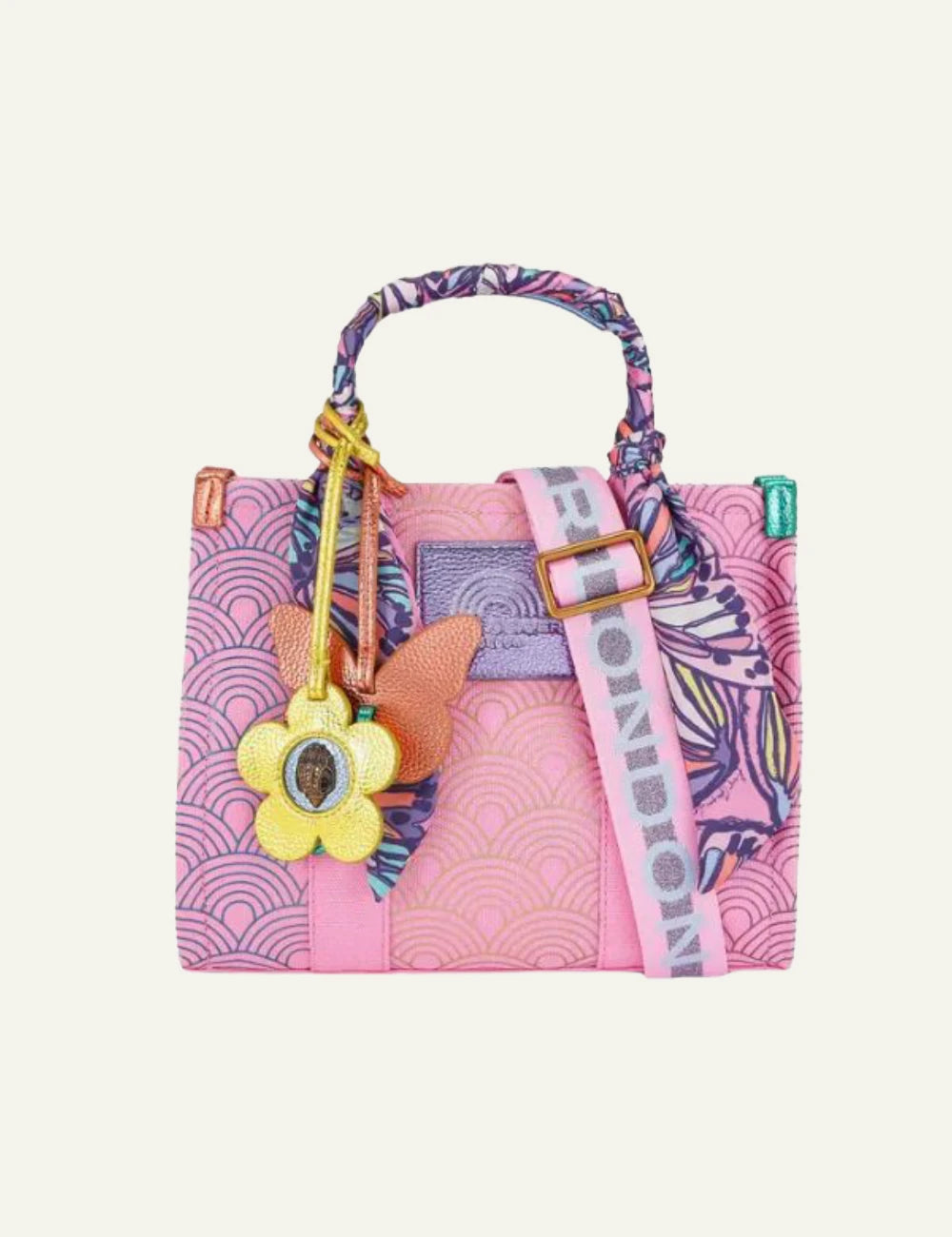 Kurt Geiger tote bag pink canvas pattern scarf handle charm detail front