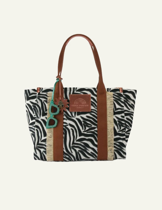 Kurt Geiger tote bag zebra print canvas brown leather detail front