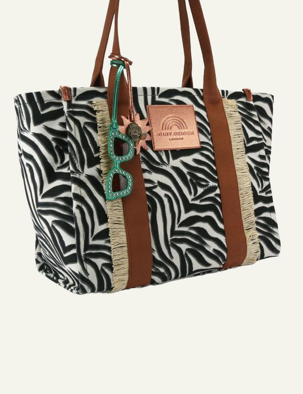 Kurt Geiger tote bag zebra print canvas brown leather detail side