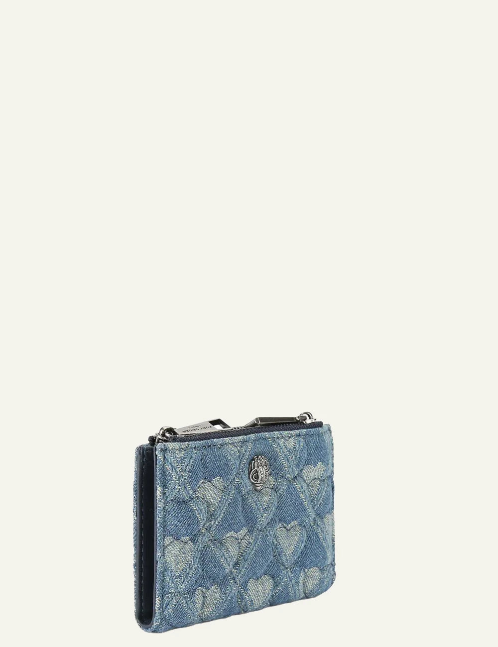 Kurt Geiger denim wallet mini side angle quilted heart pattern