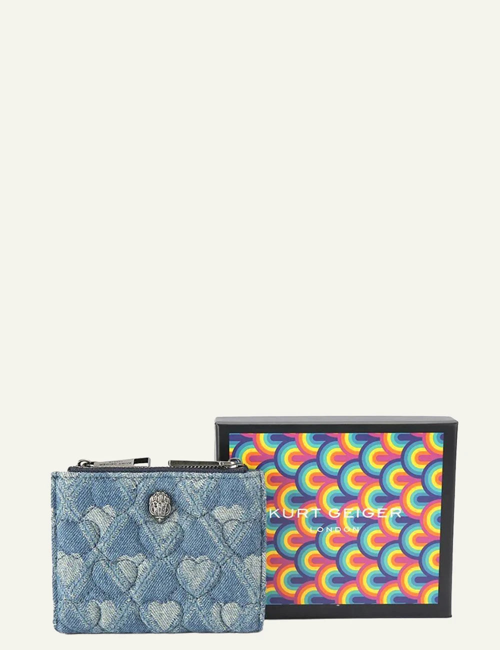 Kurt Geiger denim wallet with branded gift box packaging