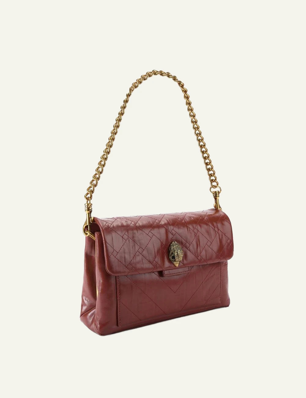 Wine leather Kurt Geiger shoulder bag with quilted finish, gold chain strap and eagle head clasp side
