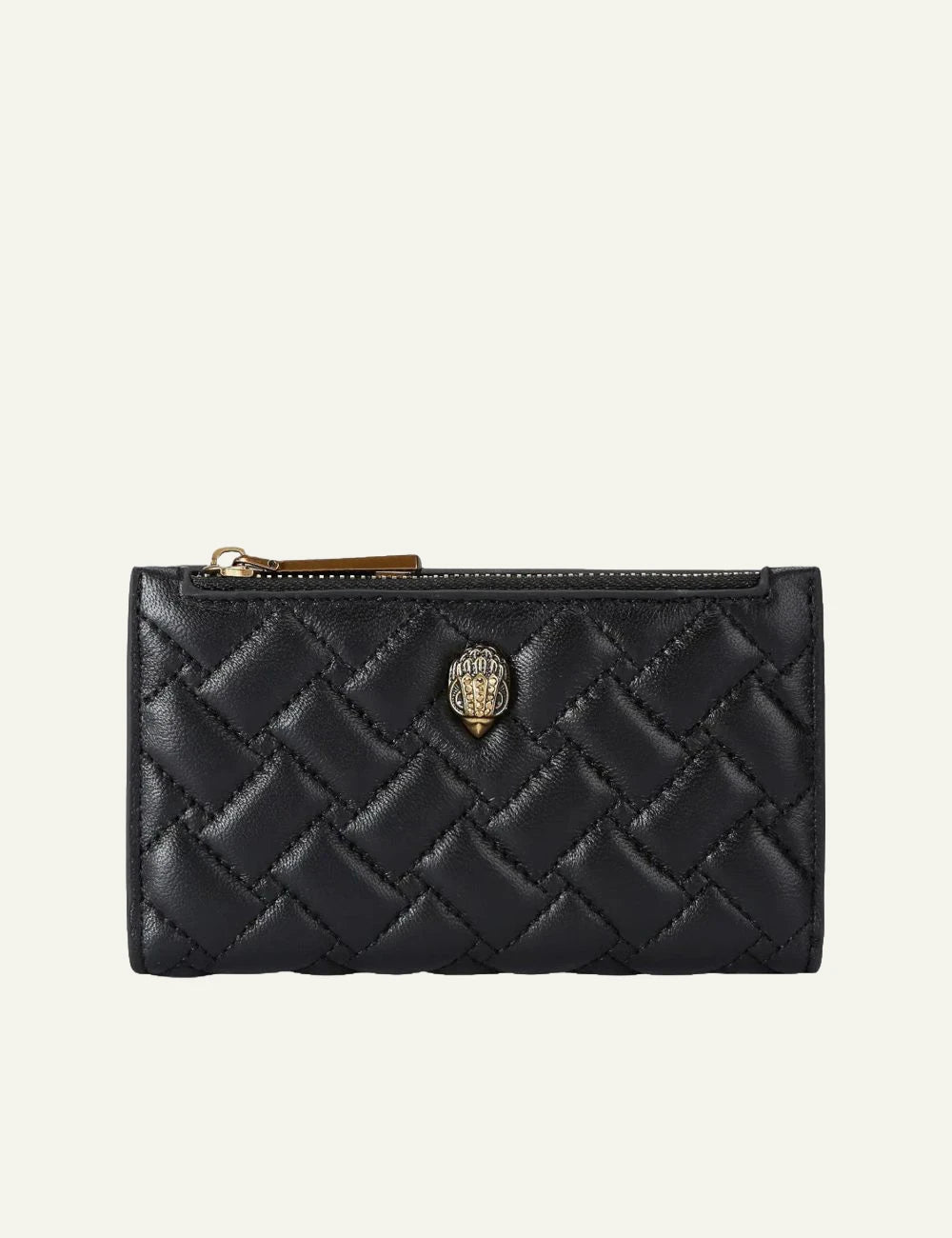 Women's Kurt Geiger black leather quilted wallet with Eagle Head logo front view