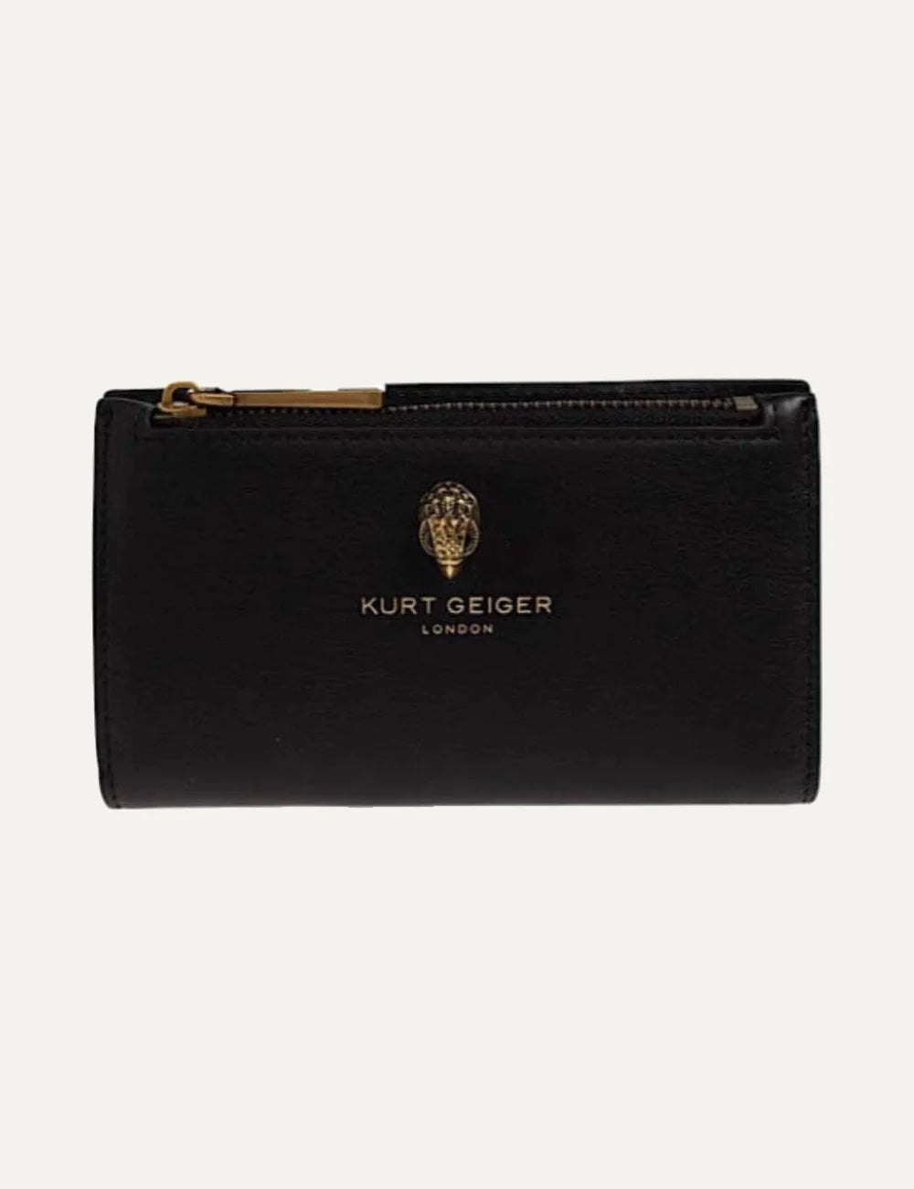 Kurt Geiger black leather wallet with gold eagle head emblem, gold logo lettering and top zipper.