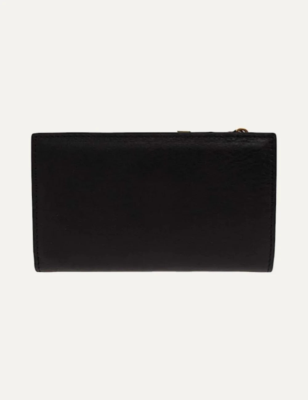 Kurt Geiger black leather wallet with gold eagle head emblem, gold logo lettering and top zipper back