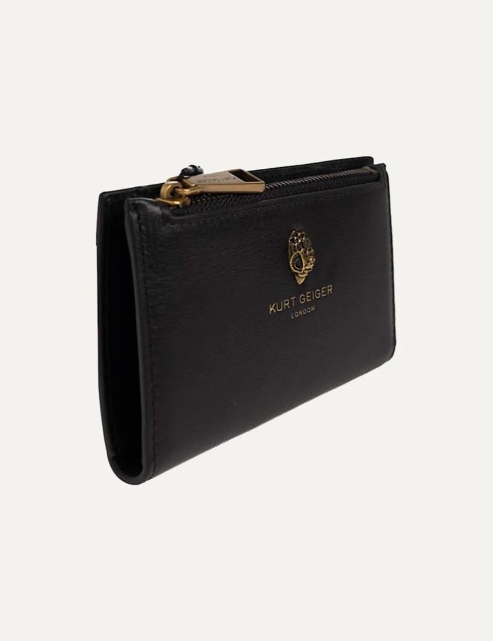 Kurt Geiger black leather wallet with gold eagle head emblem, gold logo lettering and top zipper side