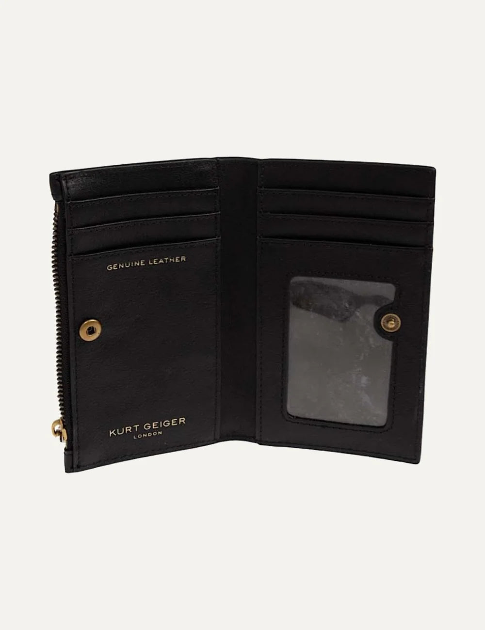 Kurt Geiger black leather wallet with gold eagle head emblem, gold logo lettering and top zipper top
