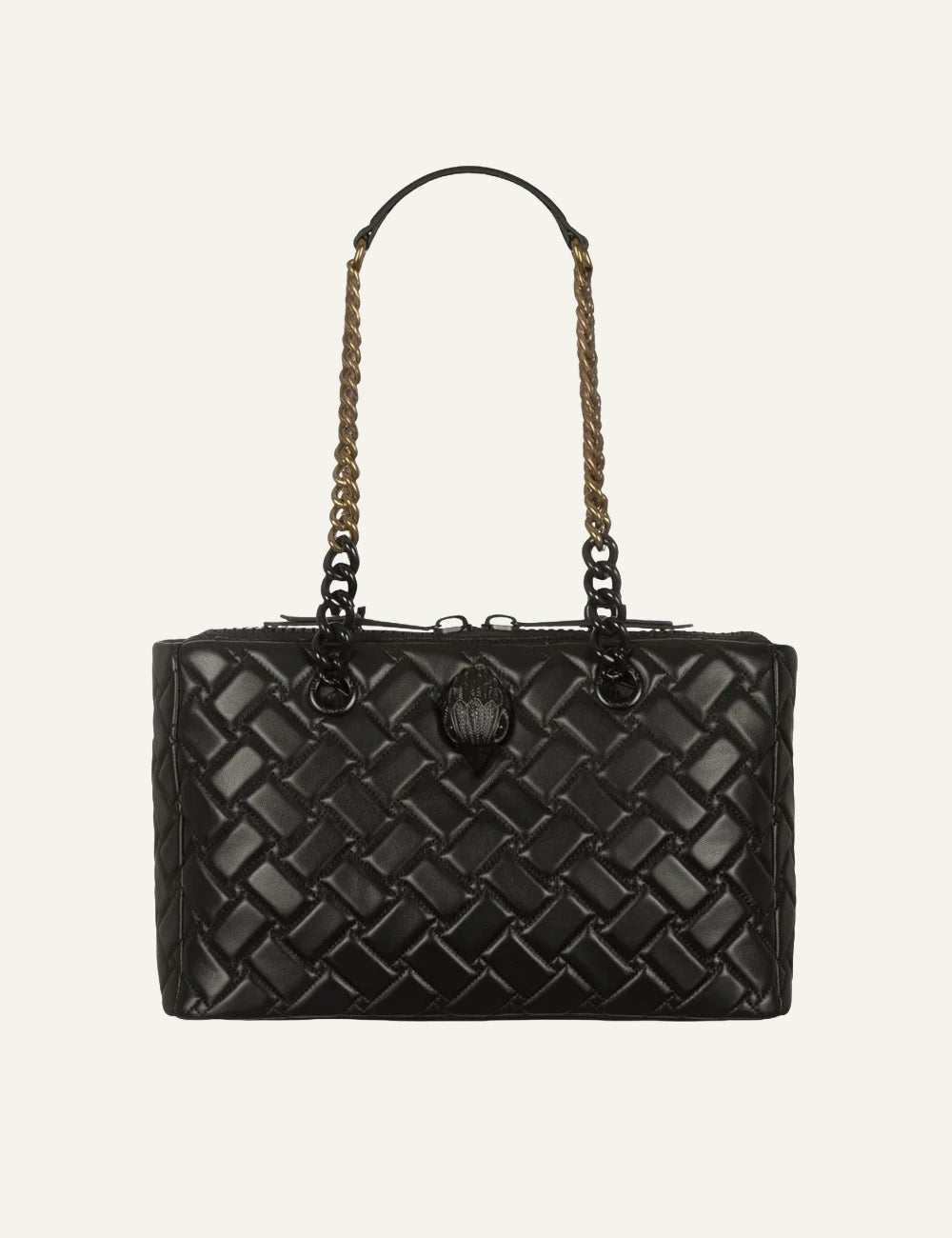 Women's Kurt Geiger black quilted leather shoulder bag with chain straps front view