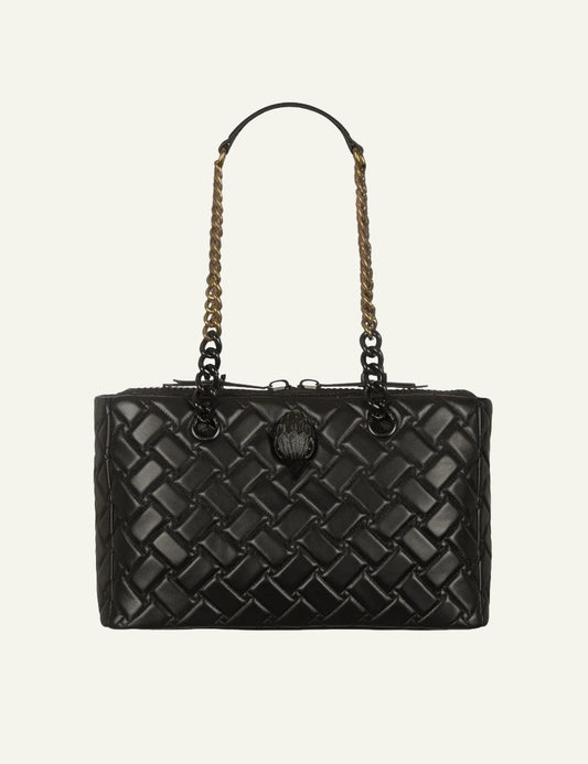 Women's Kurt Geiger black quilted leather shoulder bag with chain straps front view