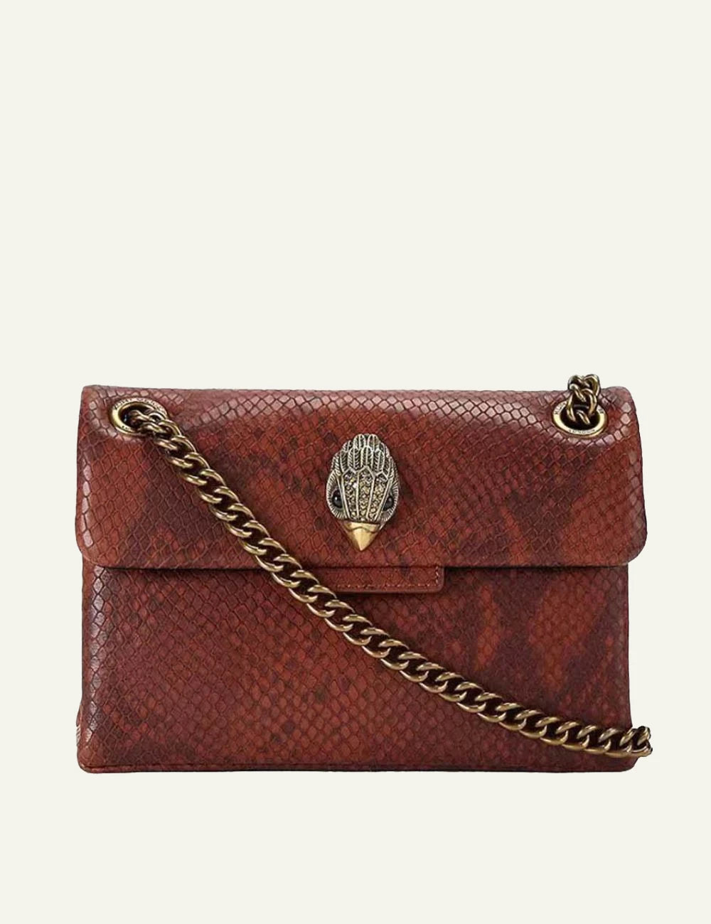 Women's Kurt Geiger brown snake print leather shoulder bag front view