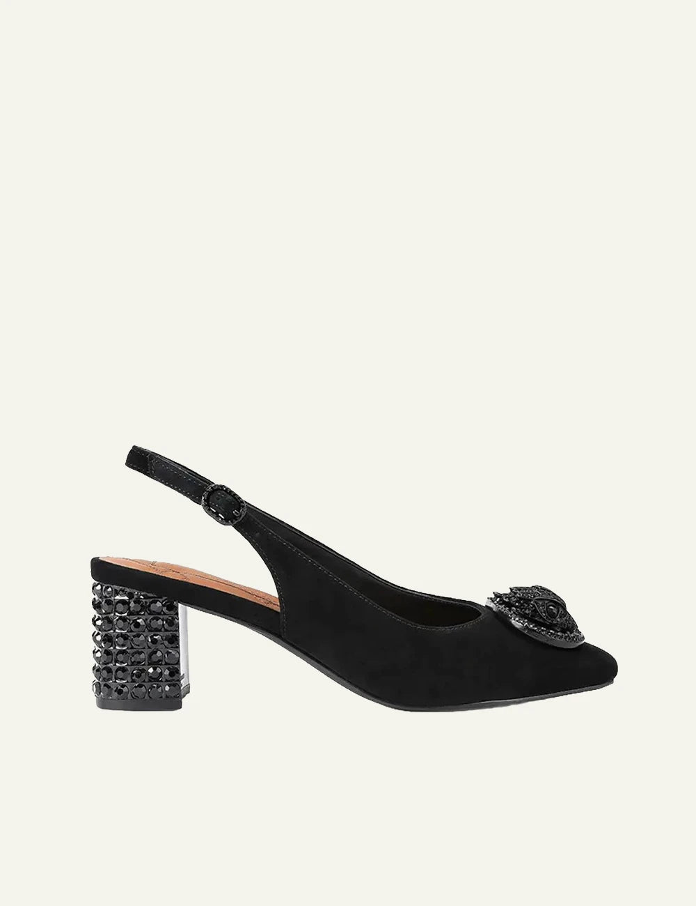 Women's Kurt Geiger Chelsea Block Slingback black suede pumps with crystal block heel side view