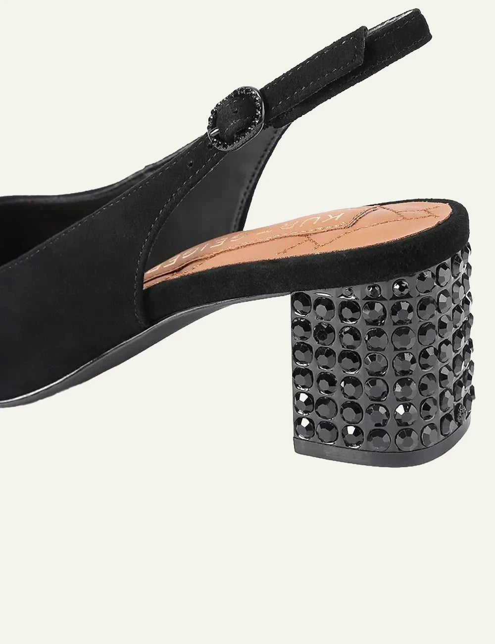 Women's Kurt Geiger Chelsea Block Slingback black suede pumps with crystal block heel heel details