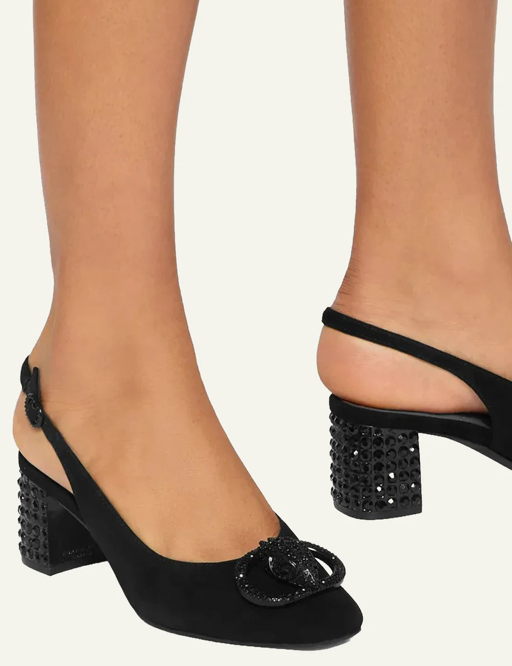 Women's Kurt Geiger Chelsea Block Slingback black suede pumps with crystal block heel worn by model