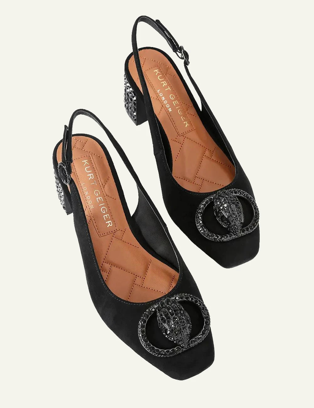 Women's Kurt Geiger Chelsea Block Slingback black suede pumps with crystal block heel pair view