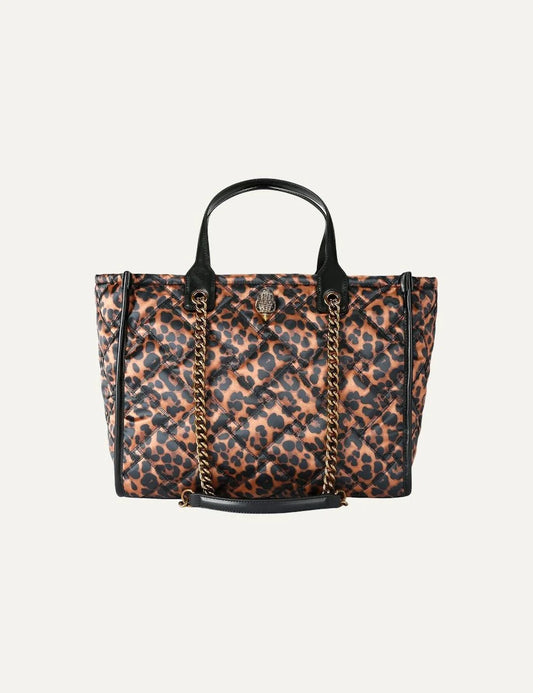 Kurt Geiger women's Hoxton Shopper tote bag in brown and black leopard print quilted nylon, featuring black top handles, gold-tone chain shoulder strap, diamond stitching and signature eagle head emblem.
