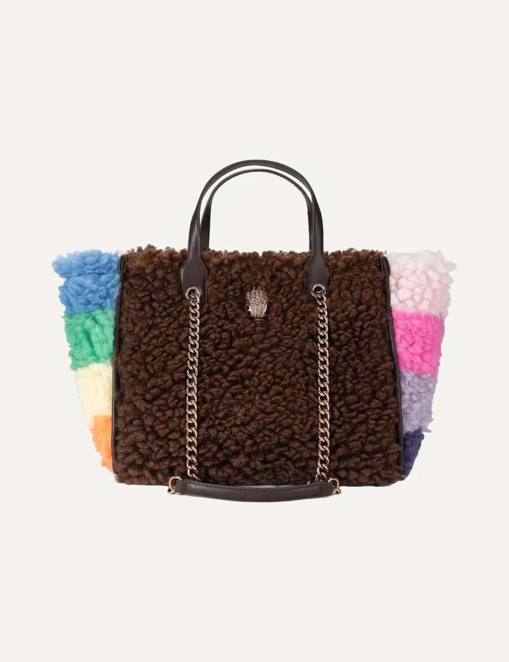 Kurt Geiger women's Hoxton Shopper brown faux fur tote bag featuring multicolored rainbow side panels, soft teddy texture, brown top handles, gold-tone chain shoulder strap and crystal embellished eagle head emblem.