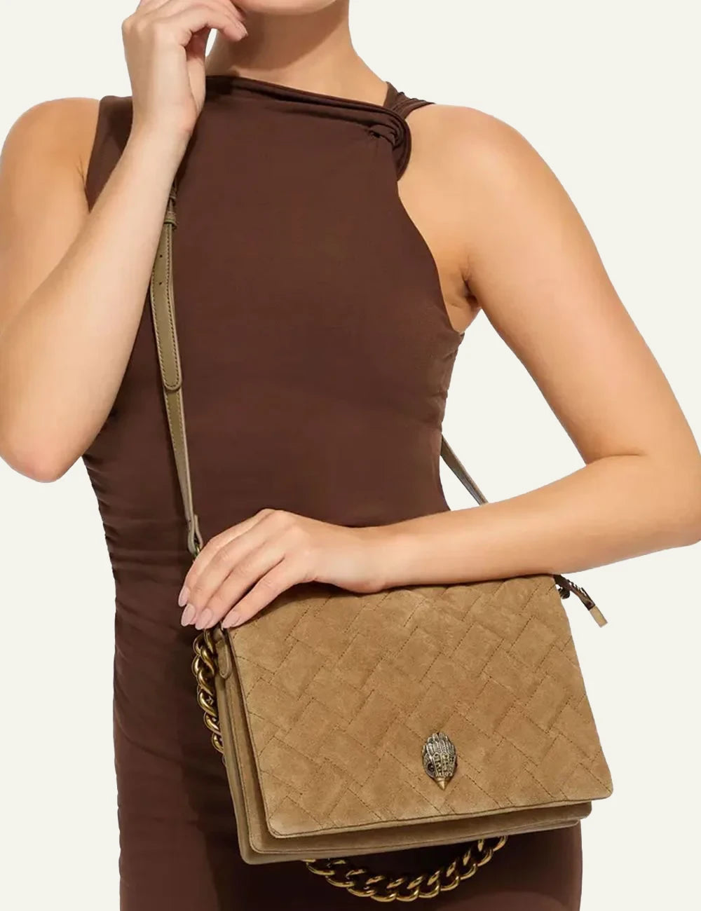 Women's Kurt Geiger Kensington Puff 3 Pouch camel suede leather shoulder bag worn by model