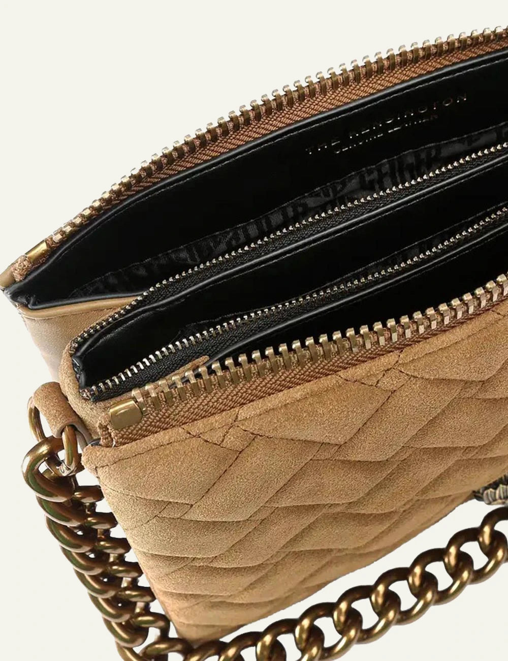Women's Kurt Geiger Kensington Puff 3 Pouch camel suede leather shoulder bag interior view