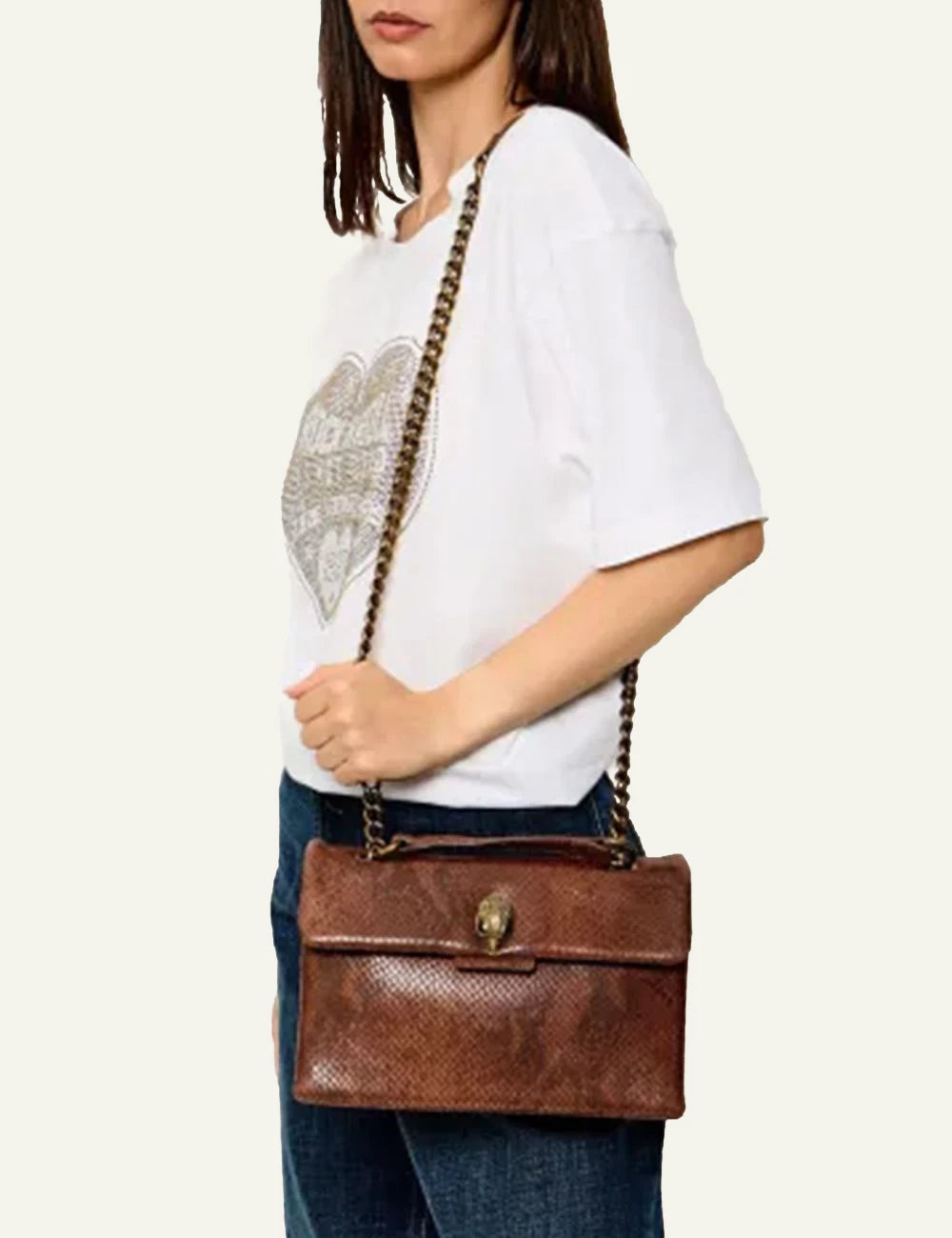 Women's Kurt Geiger Leather Kensington brown snake print shoulder bag worn by model