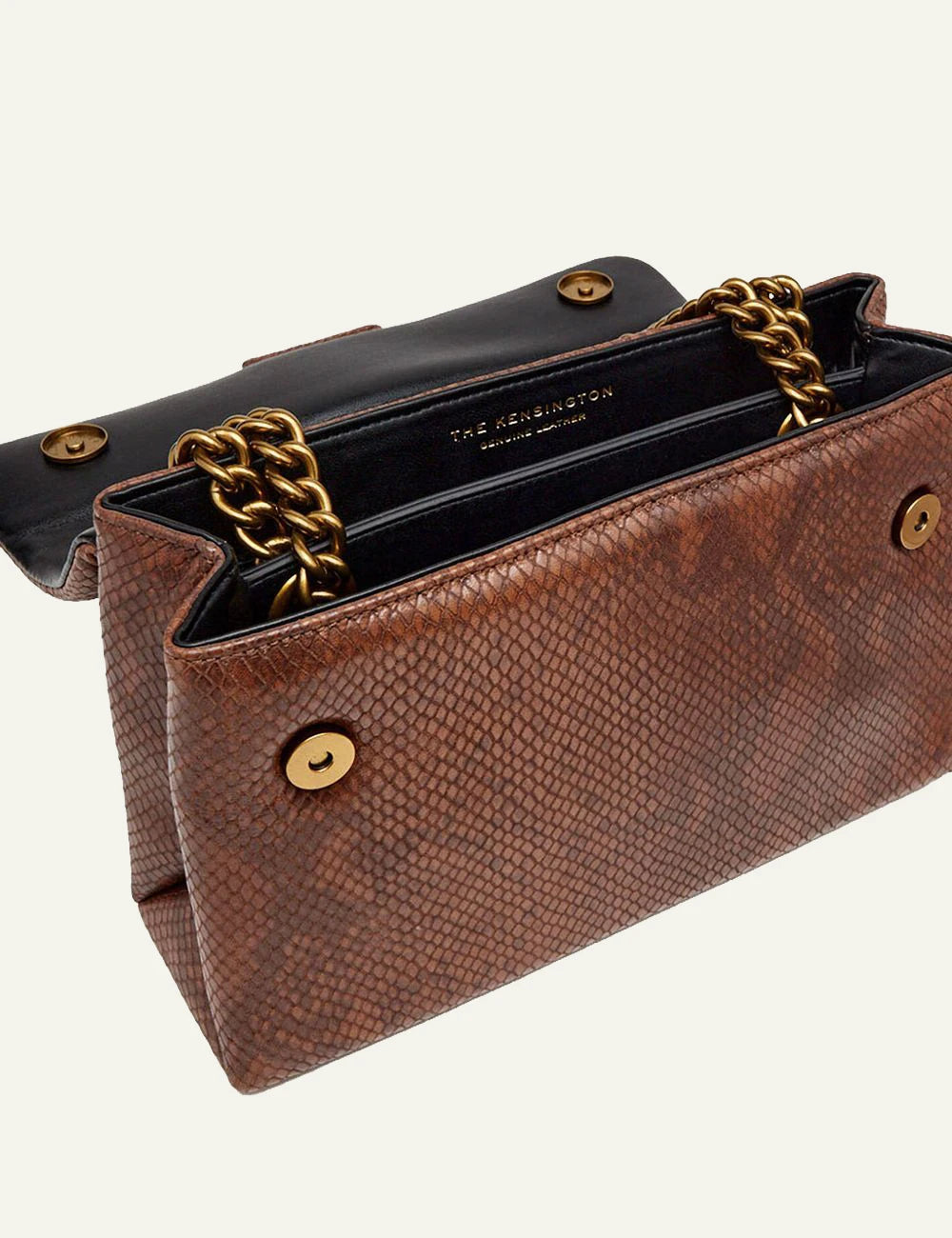 Women's Kurt Geiger Leather Kensington brown snake print shoulder bag interior view