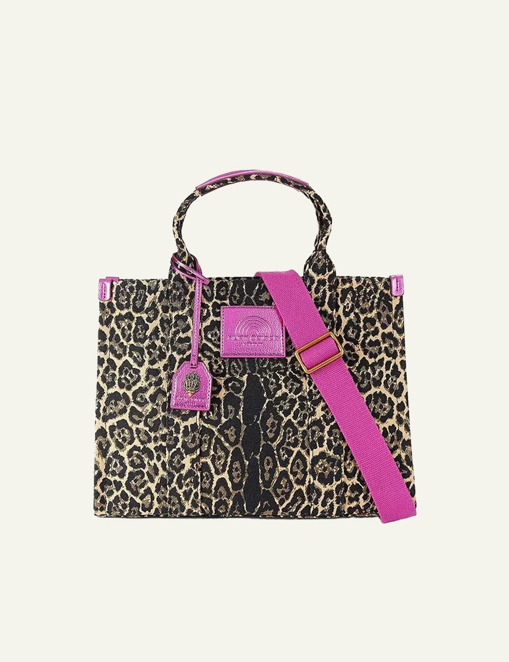 Women's Kurt Geiger leopard print tote bag with pink details front view