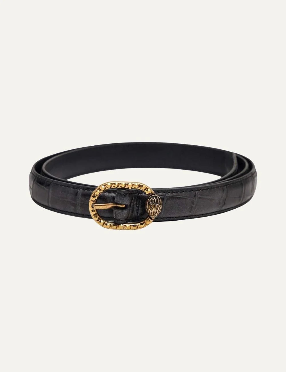 Kurt Geiger women's Mayfair 18 dark brown leather belt featuring a crocodile embossed texture, slim design and gold-tone oval buckle embellished with crystals and signature eagle head emblem.