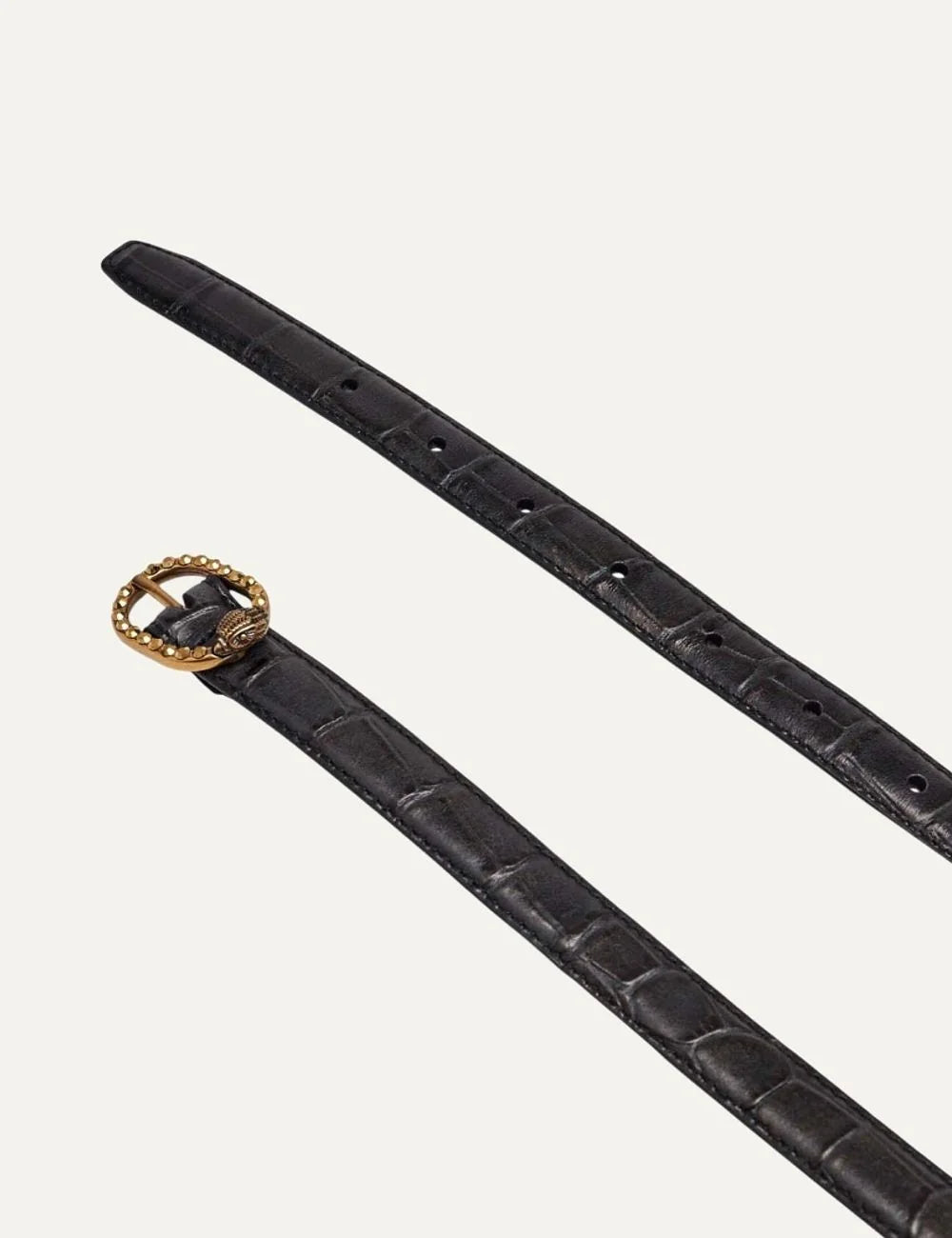 Kurt Geiger women's Mayfair 18 dark brown leather belt featuring a crocodile embossed texture, slim design and gold-tone oval buckle embellished with crystals and signature eagle head emblem detail