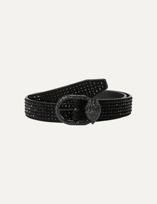 Kurt Geiger women's Mayfair 30 black leather belt embellished with black crystals, featuring a black oval buckle and signature crystal-encrusted eagle head emblem.