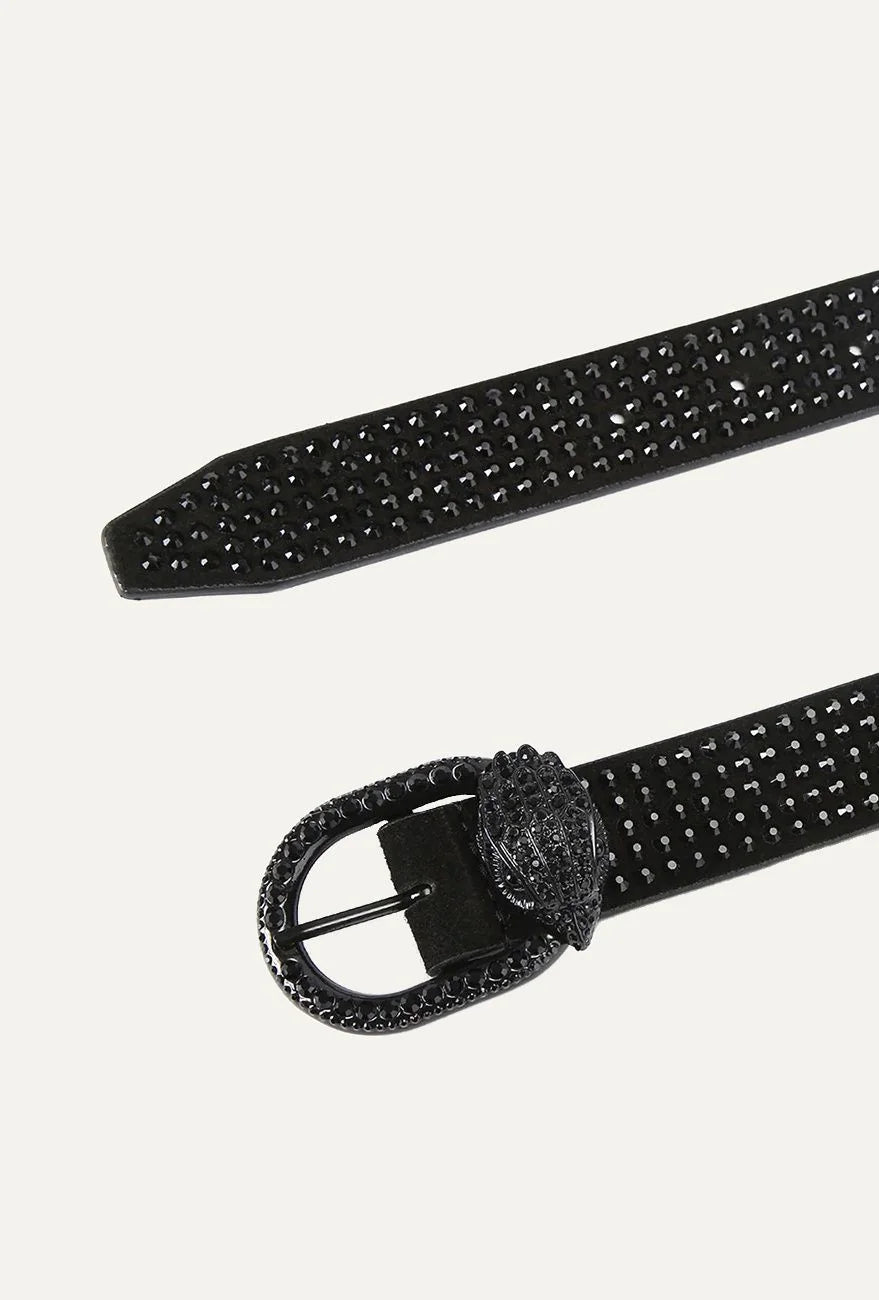 Kurt Geiger women's Mayfair 30 black leather belt embellished with black crystals, featuring a black oval buckle and signature crystal-encrusted eagle head emblem detail
